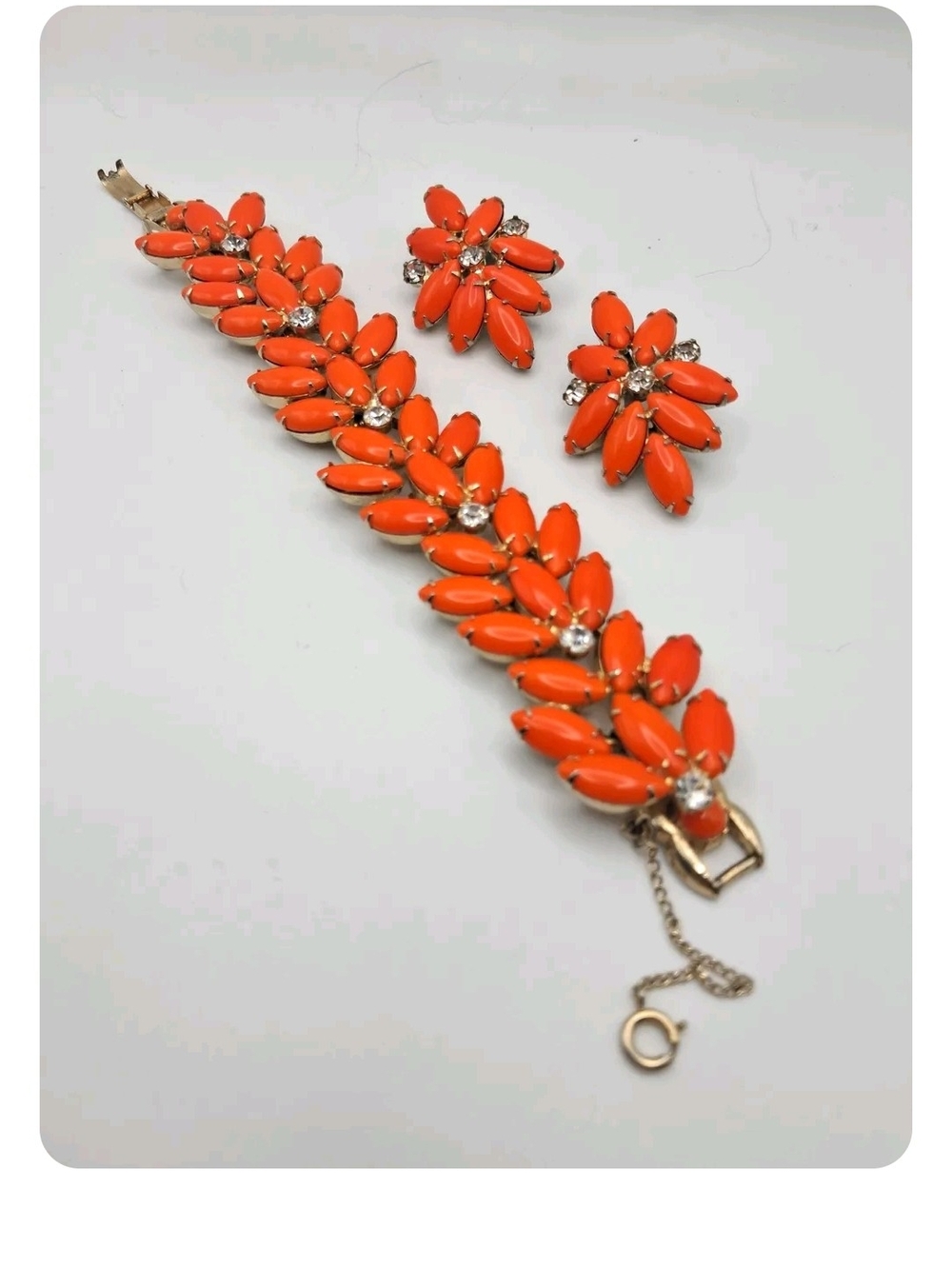 Women's Orange Floral Bracelet and Earring Set